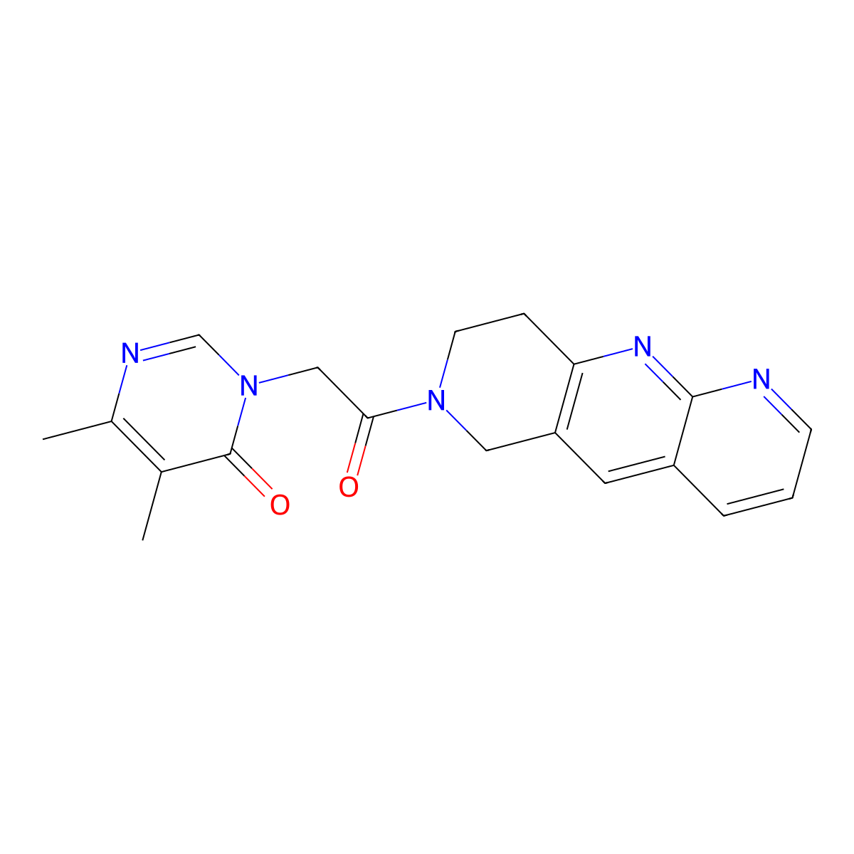 5,6-dimethyl-3-(2-oxo-2-{6H,7H,8H,9H-pyrido[2,3-b]1,6-naphthyridin-7-yl}ethyl)-3,4-dihydropyrimidin-4-one molecular structure, CAS 2770636-98-9