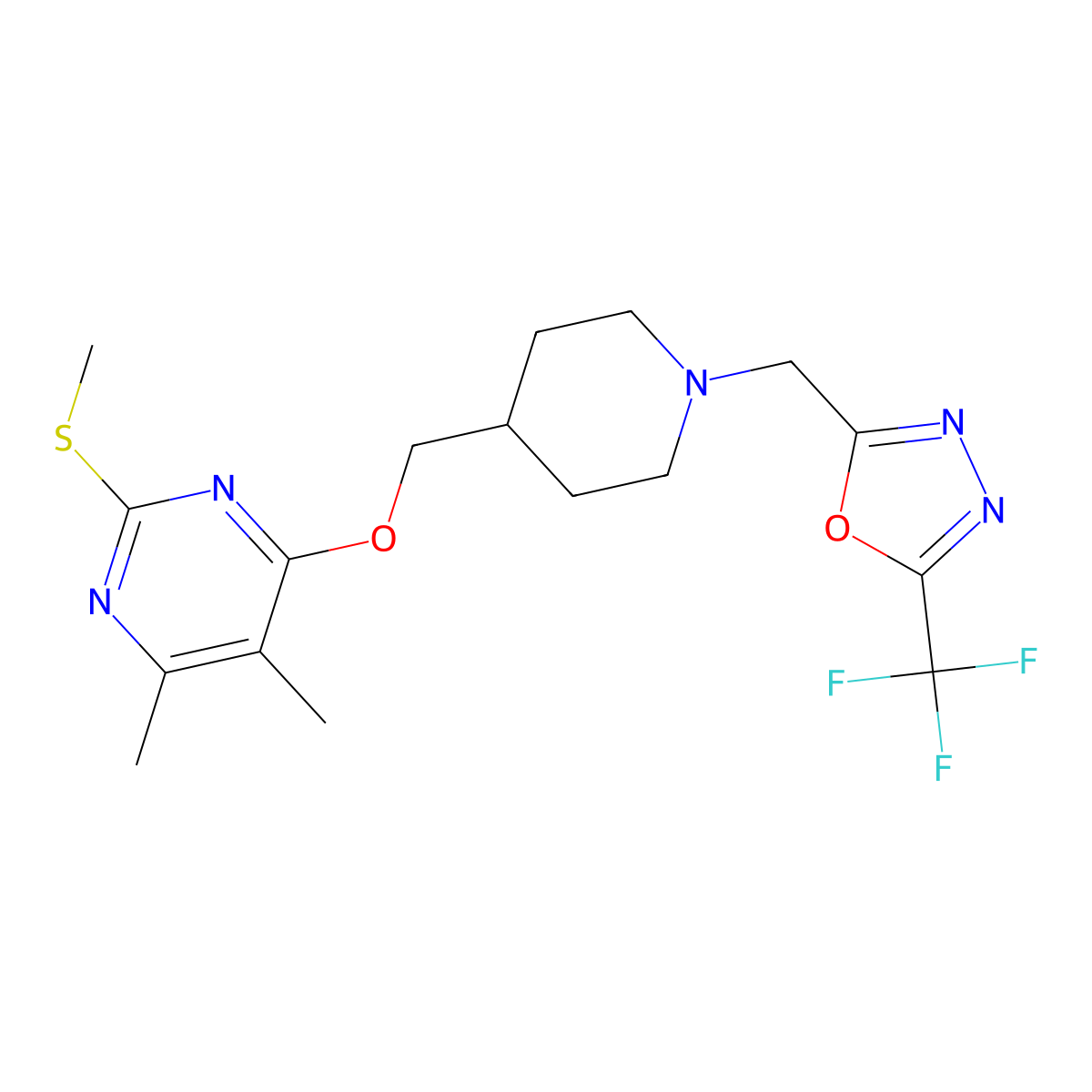 4,5-Dimethyl-2-(methylsulfanyl)-6-[(1-{[5-(trifluoromethyl)-1,3,4-oxadiazol-2-yl]methyl}piperidin-4-yl)methoxy]pyrimidine molecular structure, CAS 2770637-02-8