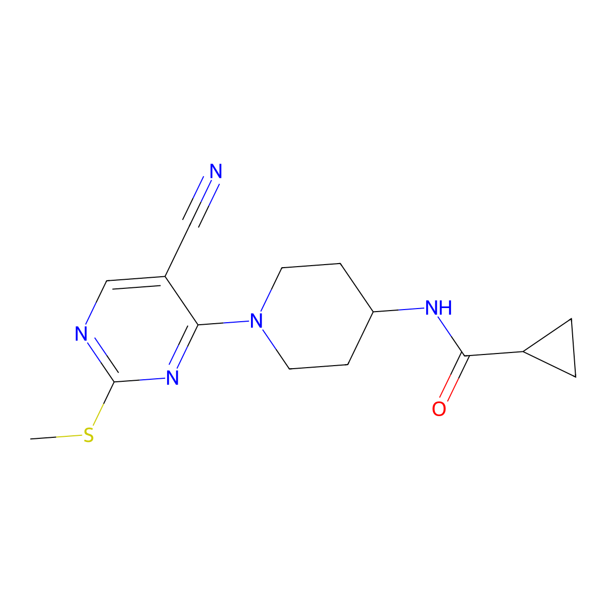 N-{1-[5-cyano-2-(methylsulfanyl)pyrimidin-4-yl]piperidin-4-yl}cyclopropanecarboxamide molecular structure, CAS 2770637-15-3