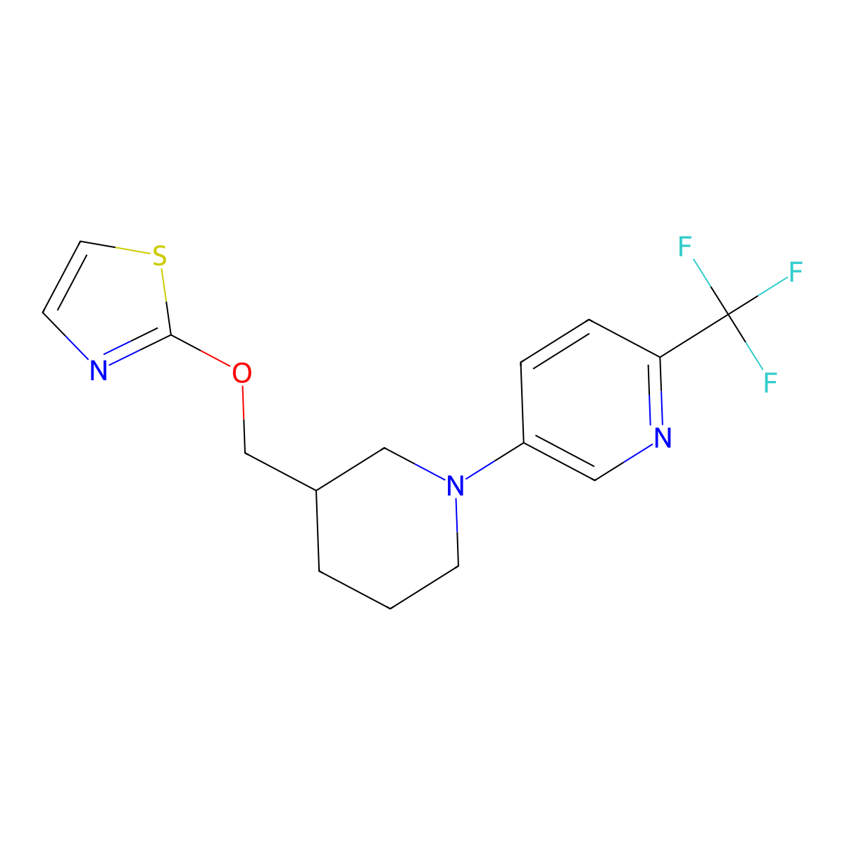 5-{3-[(1,3-Thiazol-2-yloxy)methyl]piperidin-1-yl}-2-(trifluoromethyl)pyridine molecular structure, CAS 2770637-19-7