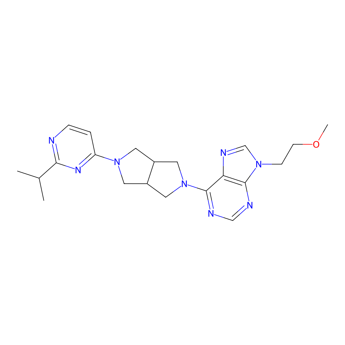9-(2-methoxyethyl)-6-{5-[2-(propan-2-yl)pyrimidin-4-yl]-octahydropyrrolo[3,4-c]pyrrol-2-yl}-9H-purine molecular structure, CAS 2770637-21-1