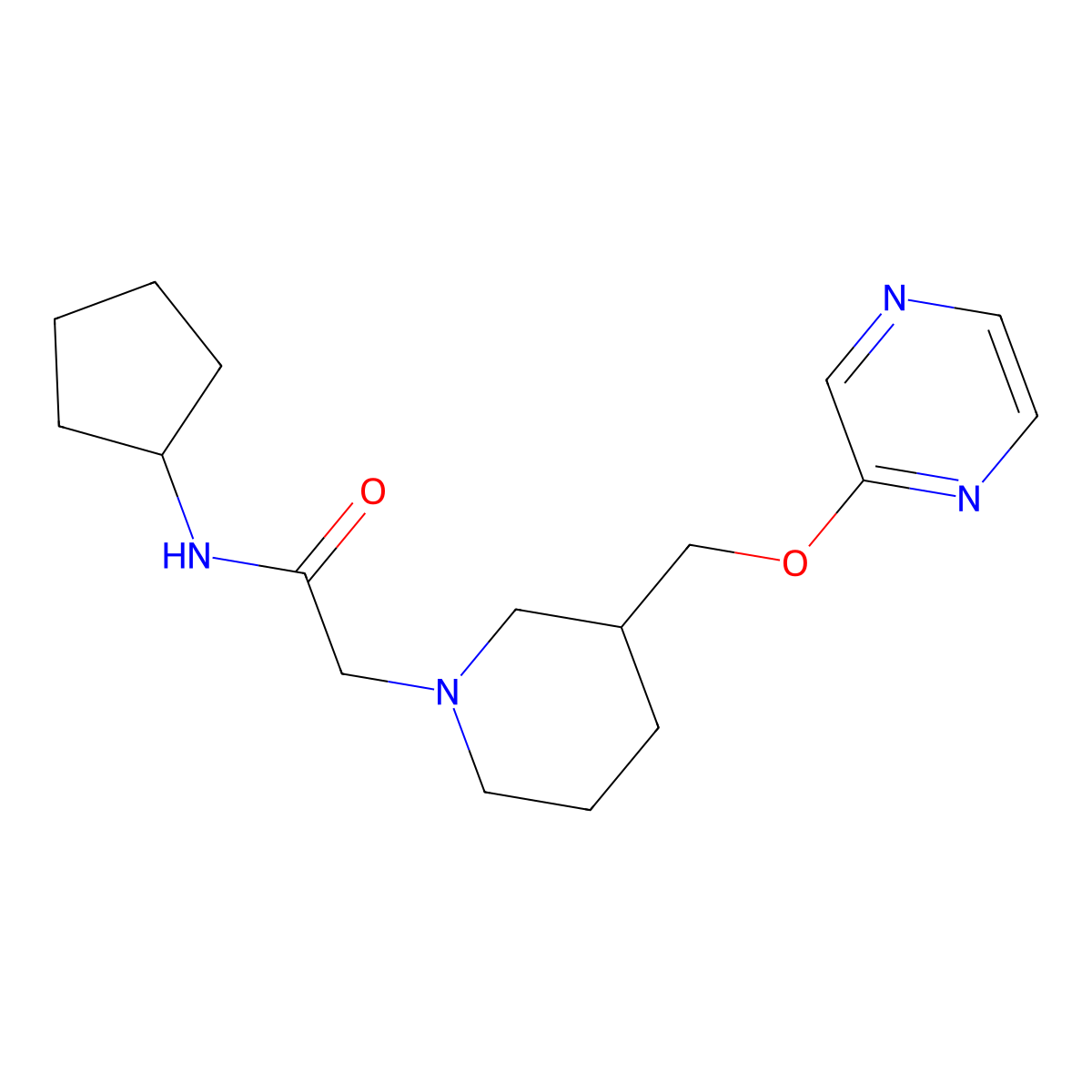 N-cyclopentyl-2-{3-[(pyrazin-2-yloxy)methyl]piperidin-1-yl}acetamide molecular structure, CAS 2770637-28-8
