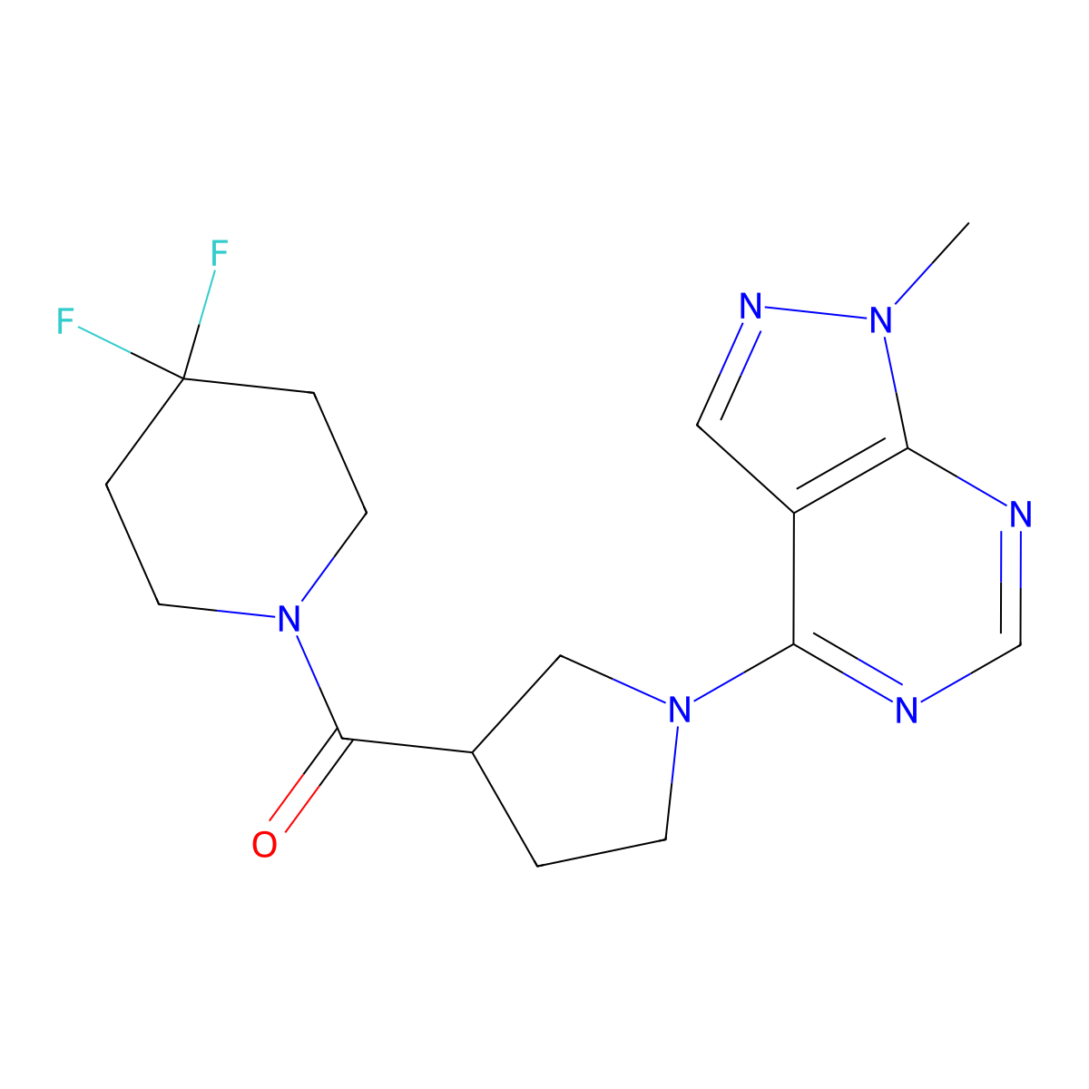 4,4-difluoro-1-(1-{1-methyl-1H-pyrazolo[3,4-d]pyrimidin-4-yl}pyrrolidine-3-carbonyl)piperidine molecular structure, CAS 2770637-34-6