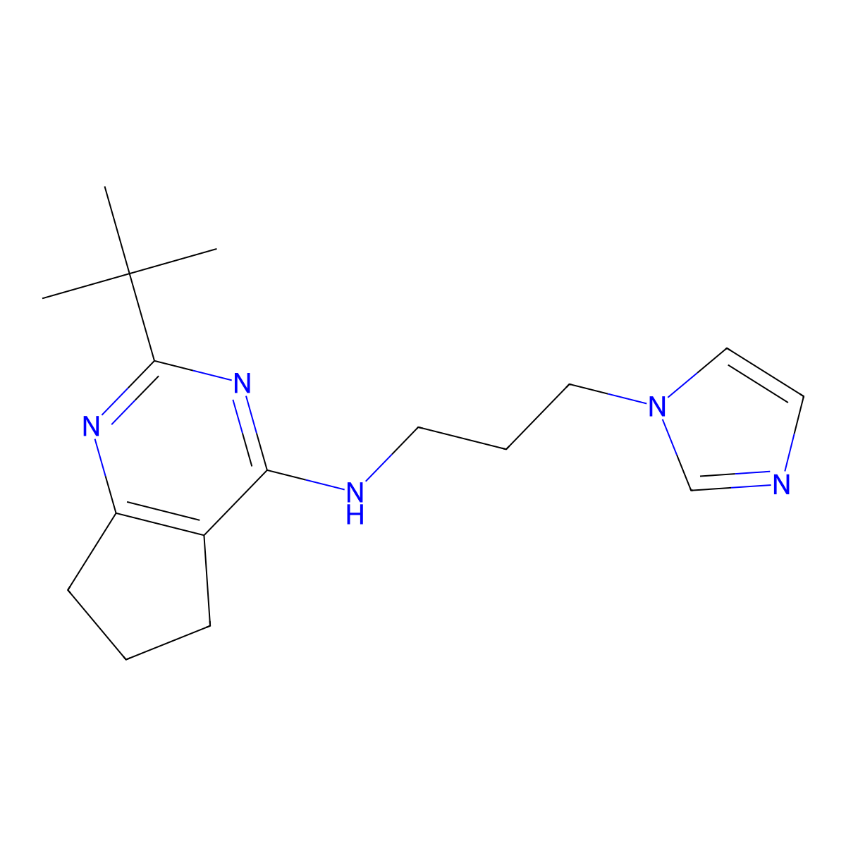 2-tert-butyl-N-[3-(1H-imidazol-1-yl)propyl]-5H,6H,7H-cyclopenta[d]pyrimidin-4-amine molecular structure, CAS 2770637-43-7