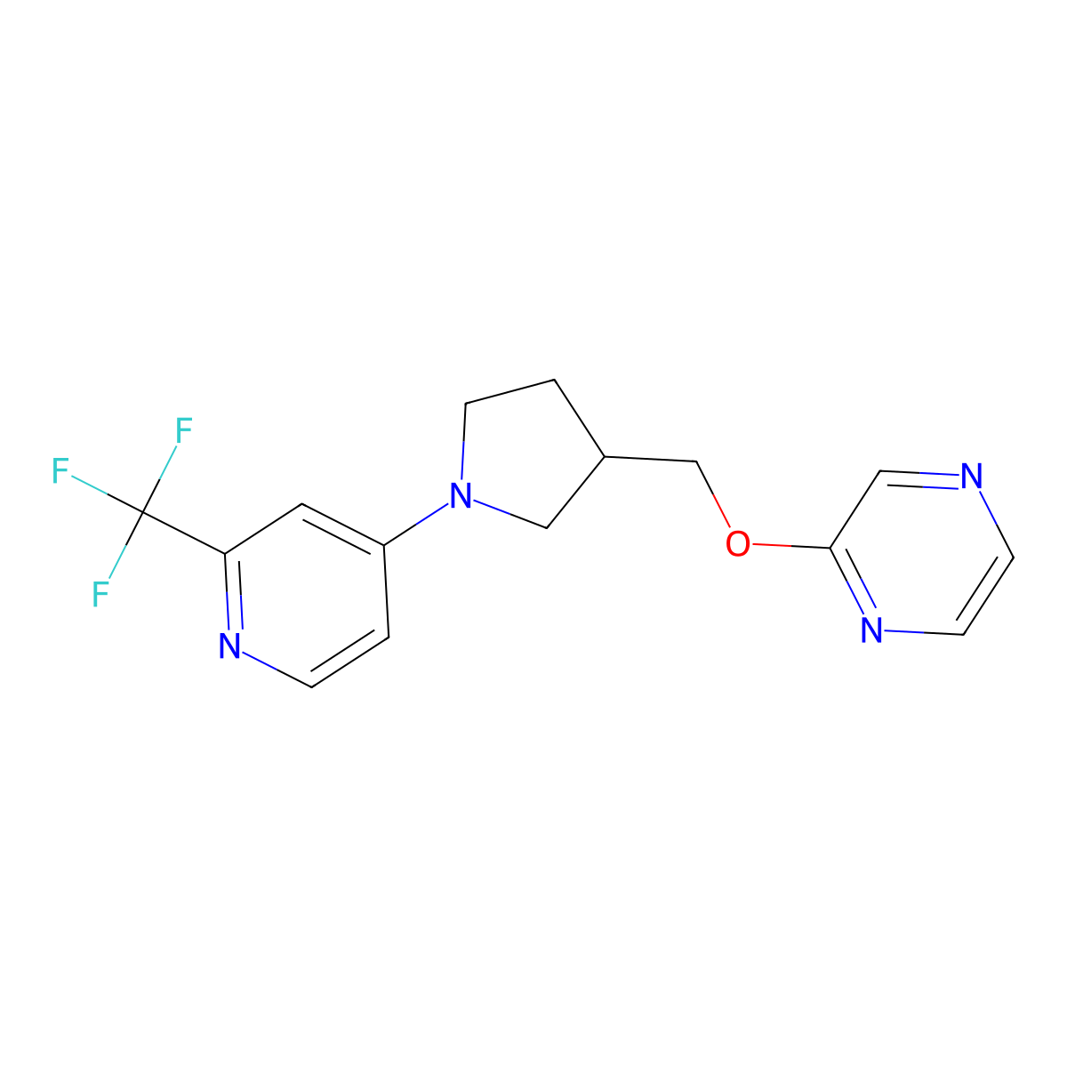 2-({1-[2-(Trifluoromethyl)pyridin-4-yl]pyrrolidin-3-yl}methoxy)pyrazine molecular structure, CAS 2770637-46-0