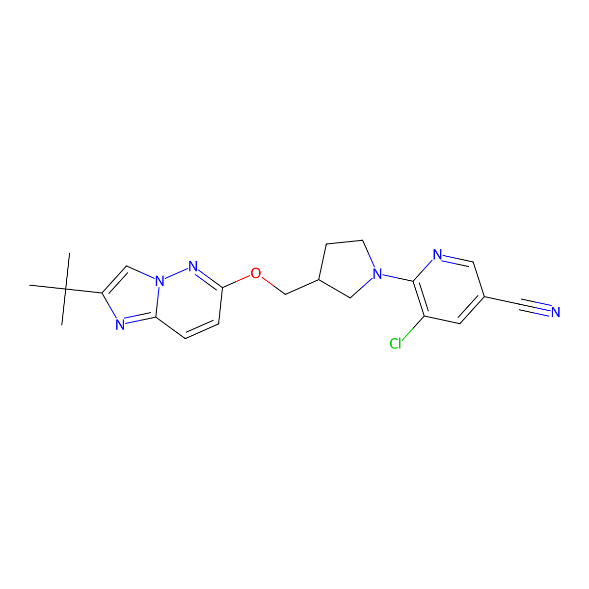 6-{3-[({2-Tert-butylimidazo[1,2-b]pyridazin-6-yl}oxy)methyl]pyrrolidin-1-yl}-5-chloropyridine-3-carbonitrile molecular structure, CAS 2770637-57-3