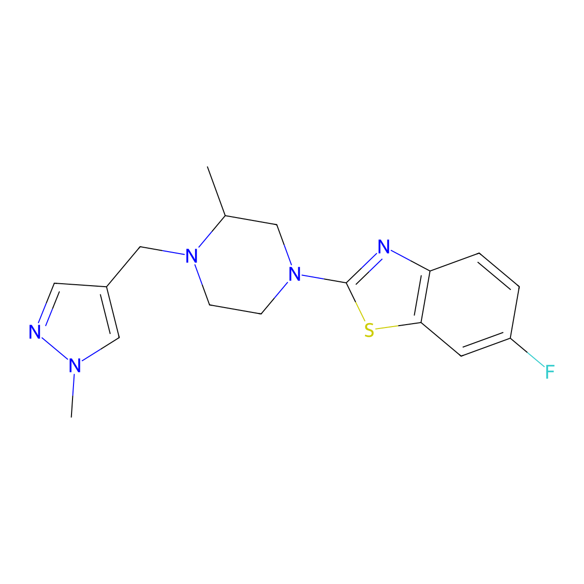 6-fluoro-2-{3-methyl-4-[(1-methyl-1H-pyrazol-4-yl)methyl]piperazin-1-yl}-1,3-benzothiazole molecular structure, CAS 2770637-58-4