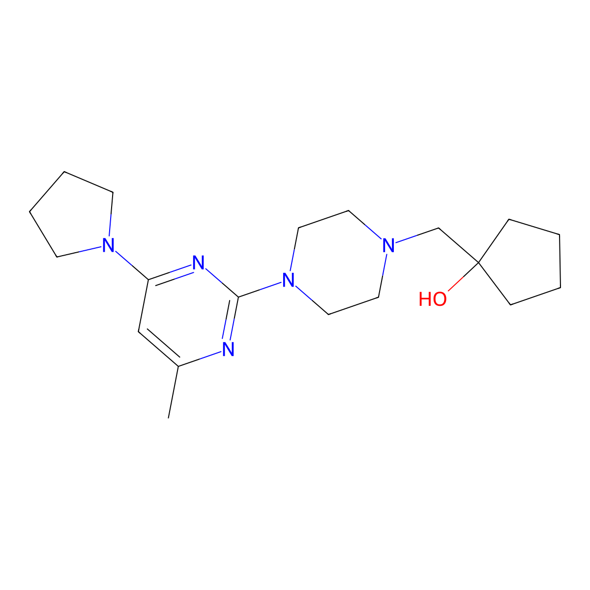 1-({4-[4-Methyl-6-(pyrrolidin-1-yl)pyrimidin-2-yl]piperazin-1-yl}methyl)cyclopentan-1-ol molecular structure, CAS 2770637-59-5