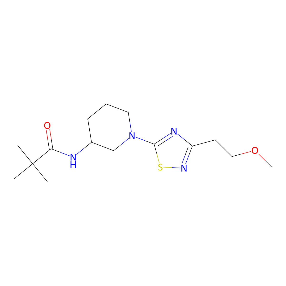 N-{1-[3-(2-methoxyethyl)-1,2,4-thiadiazol-5-yl]piperidin-3-yl}-2,2-dimethylpropanamide molecular structure, CAS 2770637-60-8