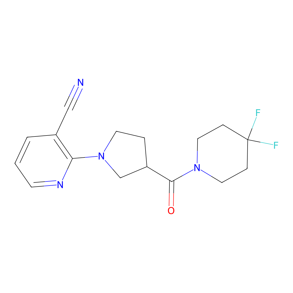 2-[3-(4,4-Difluoropiperidine-1-carbonyl)pyrrolidin-1-yl]pyridine-3-carbonitrile molecular structure, CAS 2770637-62-0
