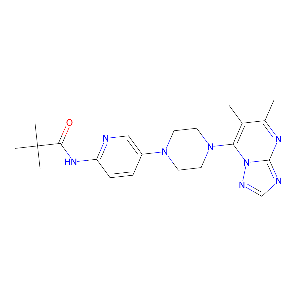 N-[5-(4-{5,6-dimethyl-[1,2,4]triazolo[1,5-a]pyrimidin-7-yl}piperazin-1-yl)pyridin-2-yl]-2,2-dimethylpropanamide molecular structure, CAS 2770637-66-4