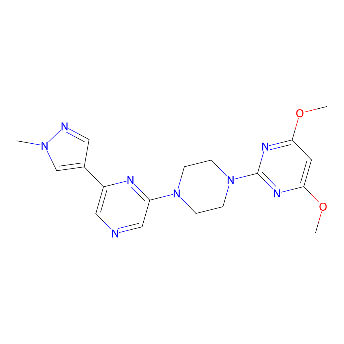 4,6-dimethoxy-2-{4-[6-(1-methyl-1H-pyrazol-4-yl)pyrazin-2-yl]piperazin-1-yl}pyrimidine molecular structure, CAS 2770637-67-5