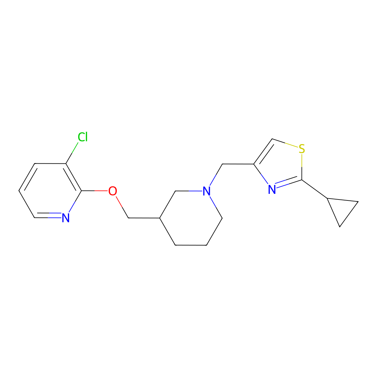 3-Chloro-2-({1-[(2-cyclopropyl-1,3-thiazol-4-yl)methyl]piperidin-3-yl}methoxy)pyridine molecular structure, CAS 2770637-72-2