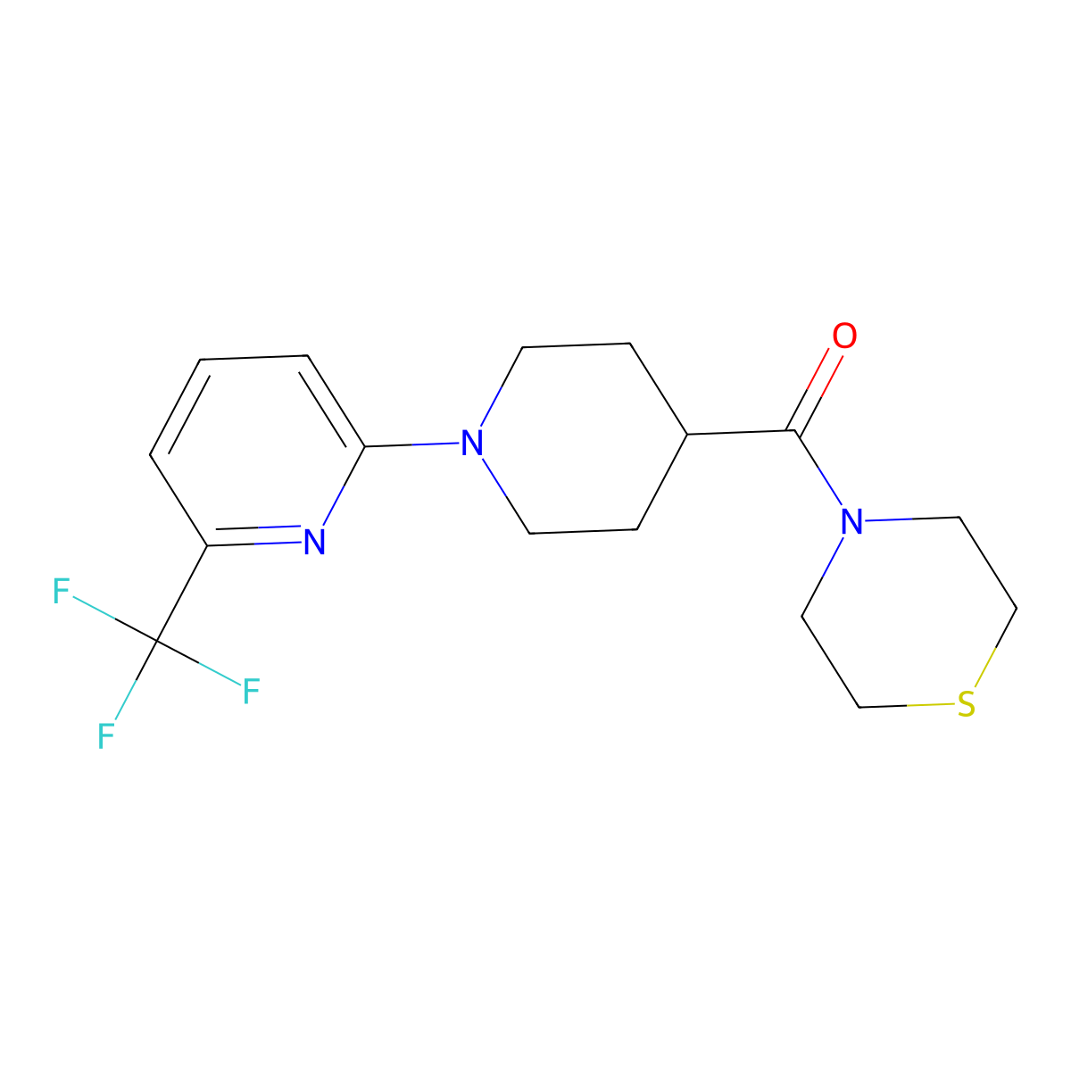 4-{1-[6-(Trifluoromethyl)pyridin-2-yl]piperidine-4-carbonyl}thiomorpholine molecular structure, CAS 2770637-81-3
