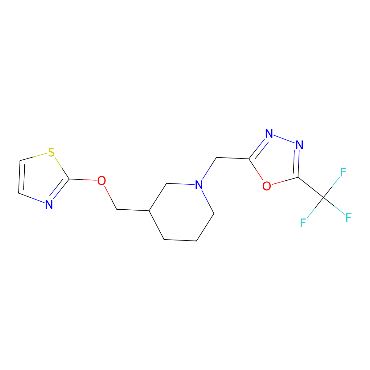 3-[(1,3-Thiazol-2-yloxy)methyl]-1-{[5-(trifluoromethyl)-1,3,4-oxadiazol-2-yl]methyl}piperidine molecular structure, CAS 2770637-83-5