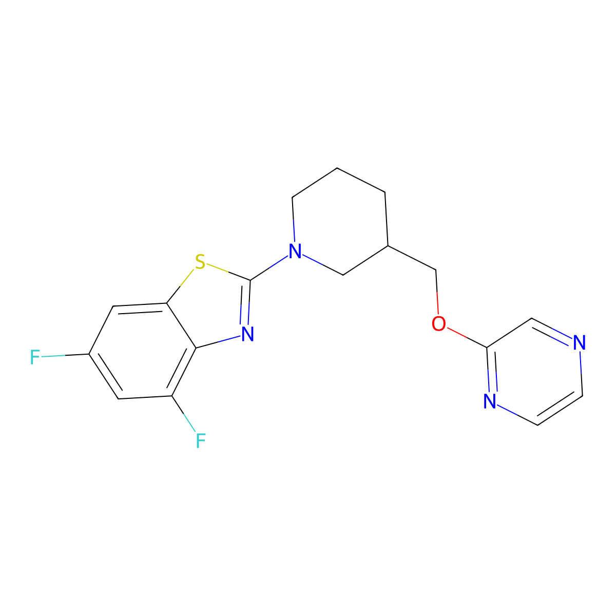 4,6-Difluoro-2-{3-[(pyrazin-2-yloxy)methyl]piperidin-1-yl}-1,3-benzothiazole molecular structure, CAS 2770637-91-5