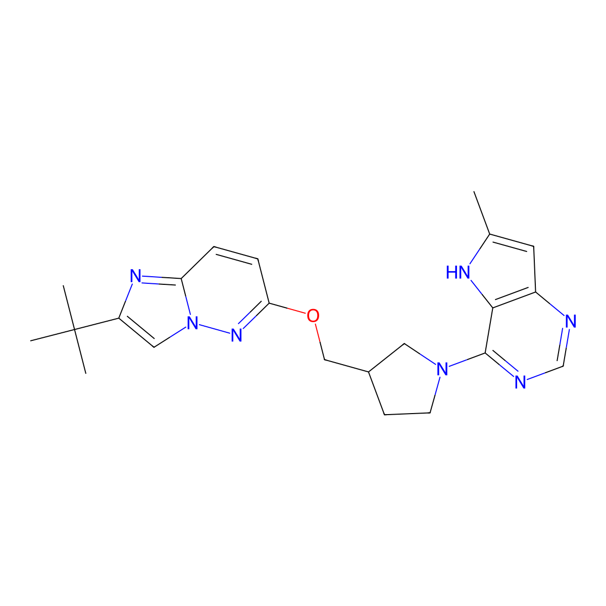 3-[({2-tert-butylimidazo[1,2-b]pyridazin-6-yl}oxy)methyl]-1-{6-methyl-5H-pyrrolo[3,2-d]pyrimidin-4-yl}pyrrolidine molecular structure, CAS 2770637-95-9