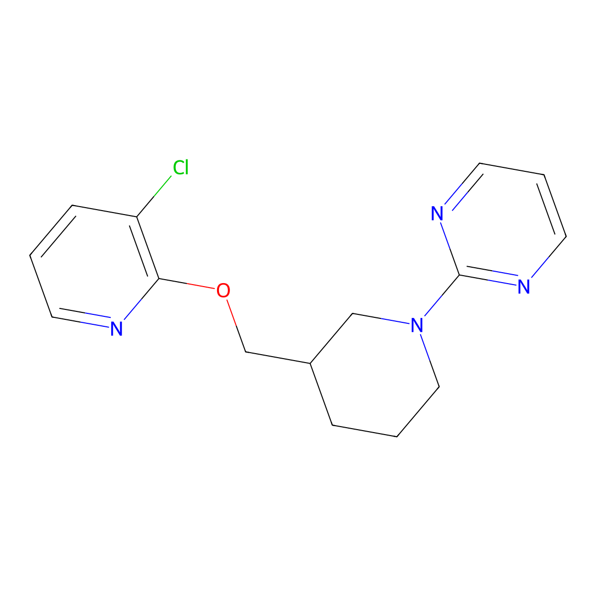 2-(3-{[(3-Chloropyridin-2-yl)oxy]methyl}piperidin-1-yl)pyrimidine molecular structure, CAS 2770637-96-0