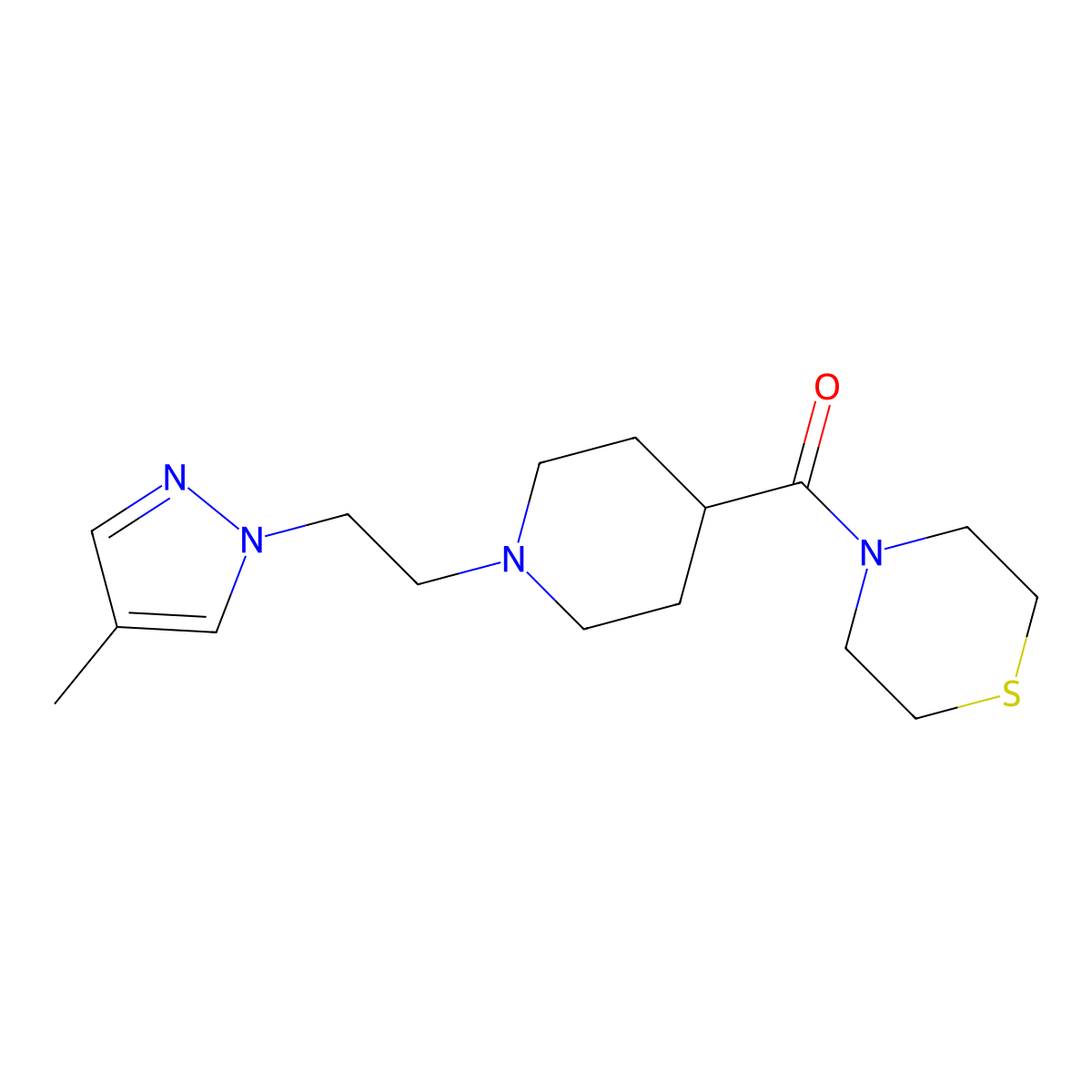 4-{1-[2-(4-methyl-1H-pyrazol-1-yl)ethyl]piperidine-4-carbonyl}thiomorpholine molecular structure, CAS 2770637-98-2