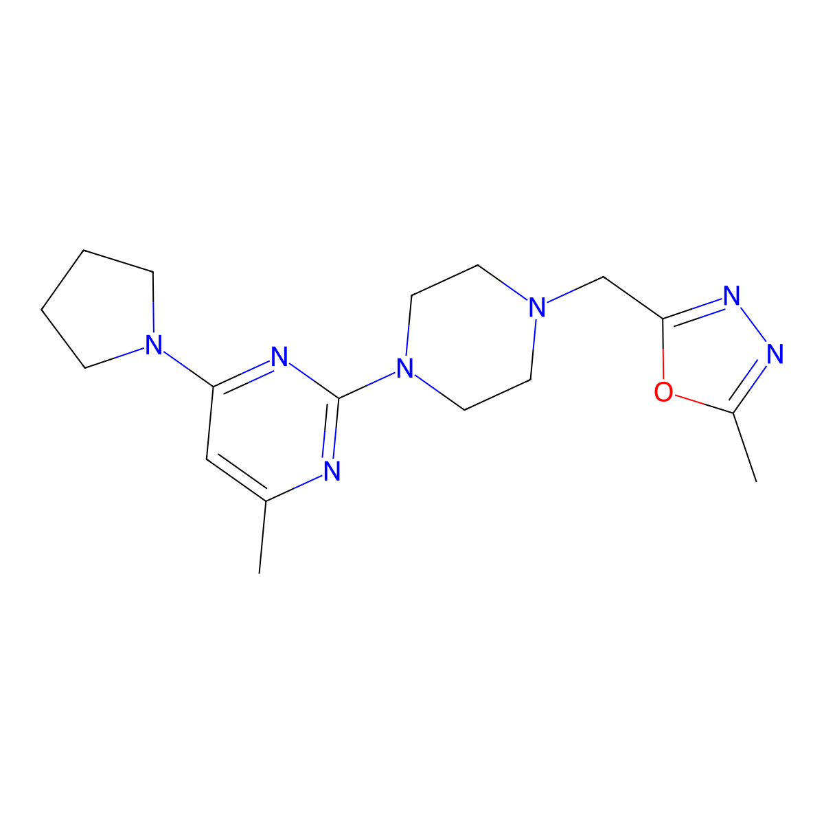 4-Methyl-2-{4-[(5-methyl-1,3,4-oxadiazol-2-yl)methyl]piperazin-1-yl}-6-(pyrrolidin-1-yl)pyrimidine molecular structure, CAS 2770637-99-3