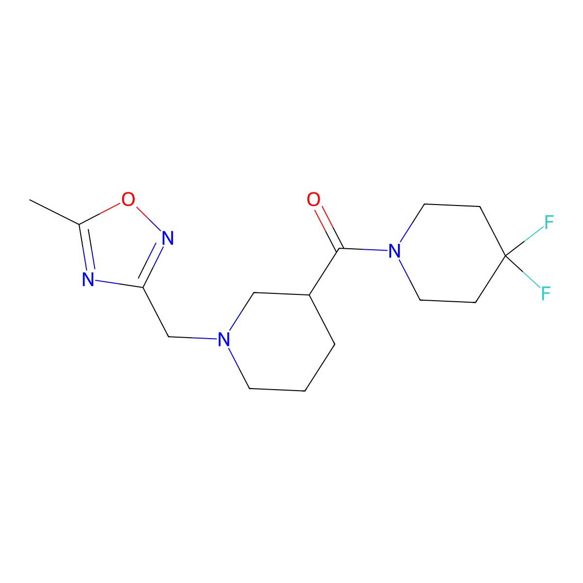 4,4-Difluoro-1-{1-[(5-methyl-1,2,4-oxadiazol-3-yl)methyl]piperidine-3-carbonyl}piperidine molecular structure, CAS 2770638-00-9