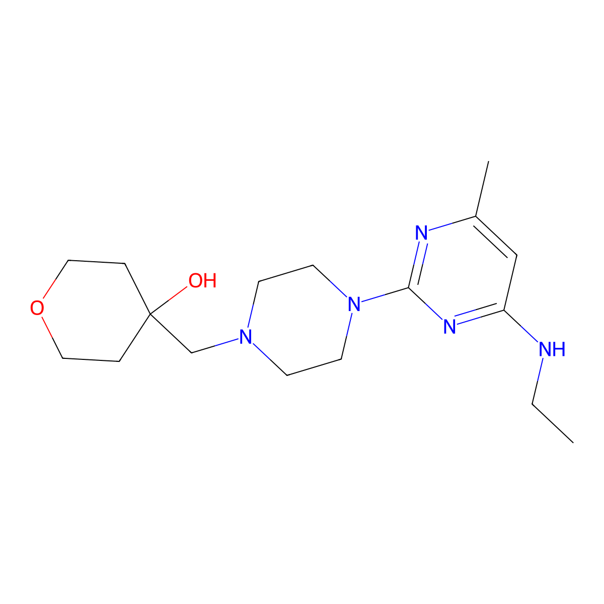 4-({4-[4-(Ethylamino)-6-methylpyrimidin-2-yl]piperazin-1-yl}methyl)oxan-4-ol molecular structure, CAS 2770638-07-6