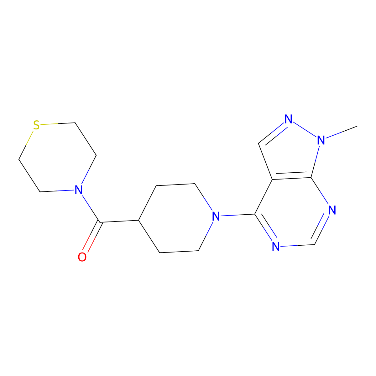 4-(1-{1-methyl-1H-pyrazolo[3,4-d]pyrimidin-4-yl}piperidine-4-carbonyl)thiomorpholine molecular structure, CAS 2770638-12-3