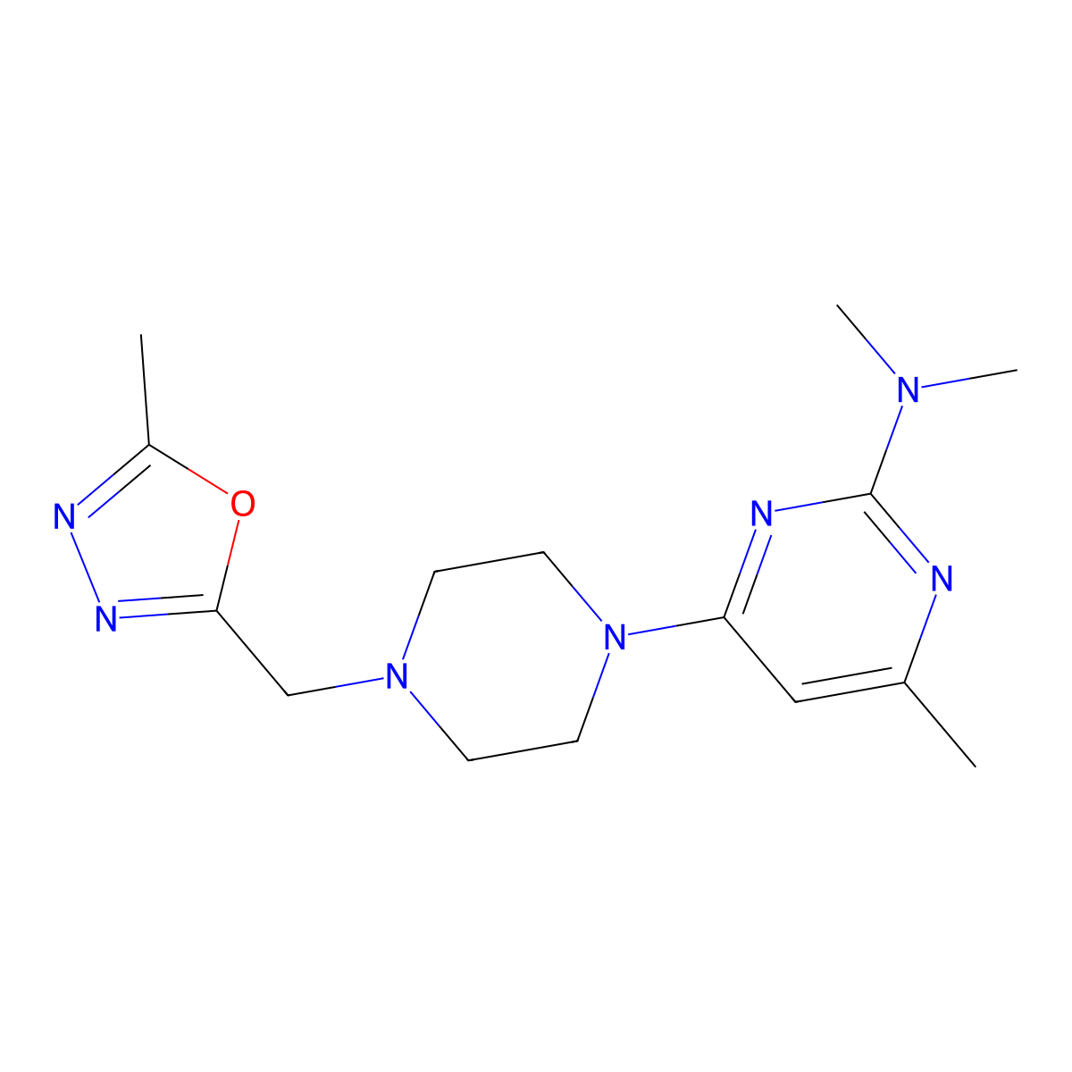 N,N,4-trimethyl-6-{4-[(5-methyl-1,3,4-oxadiazol-2-yl)methyl]piperazin-1-yl}pyrimidin-2-amine molecular structure, CAS 2770638-17-8