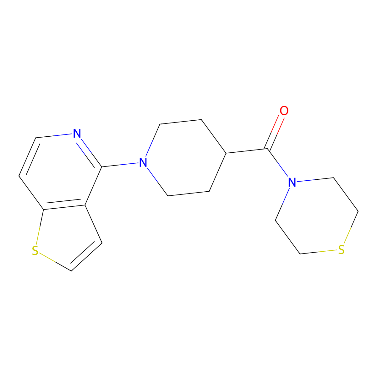 4-(1-{Thieno[3,2-c]pyridin-4-yl}piperidine-4-carbonyl)thiomorpholine molecular structure, CAS 2770638-23-6