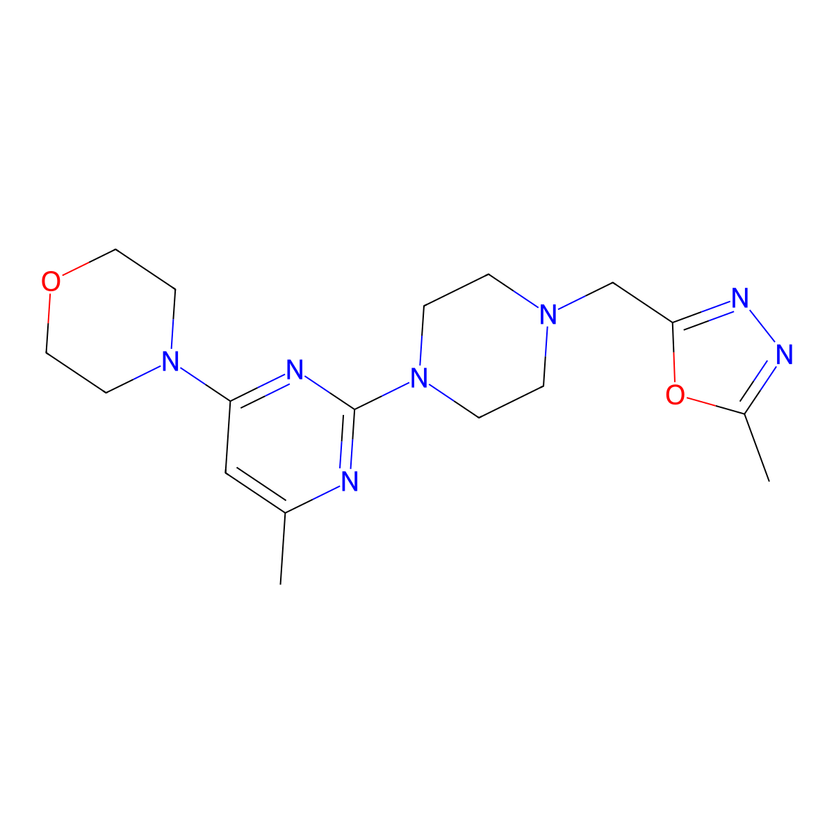 4-(6-Methyl-2-{4-[(5-methyl-1,3,4-oxadiazol-2-yl)methyl]piperazin-1-yl}pyrimidin-4-yl)morpholine molecular structure, CAS 2770638-26-9