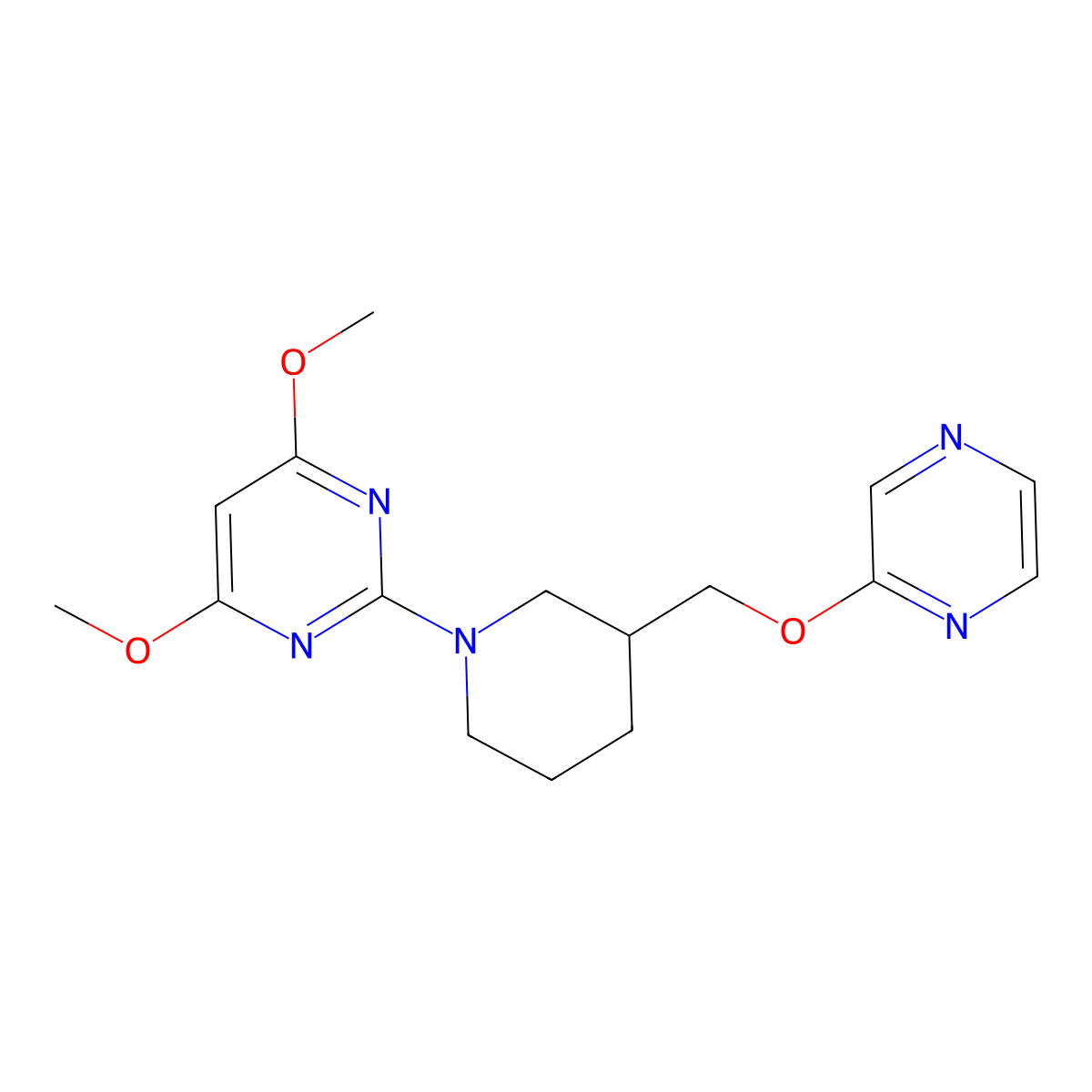 4,6-Dimethoxy-2-{3-[(pyrazin-2-yloxy)methyl]piperidin-1-yl}pyrimidine molecular structure, CAS 2770638-31-6