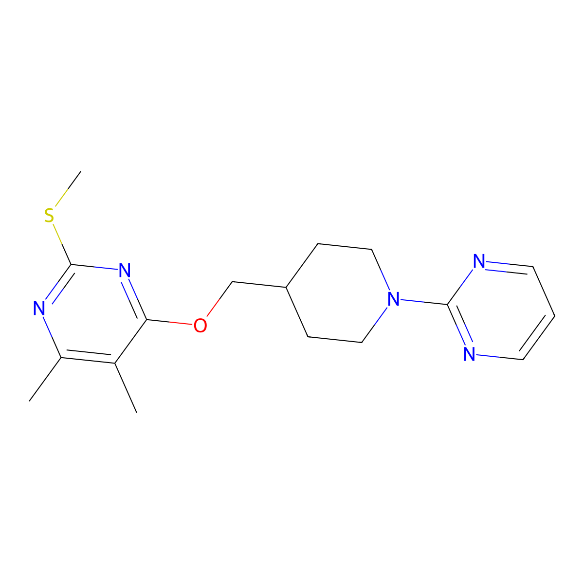 4,5-Dimethyl-2-(methylsulfanyl)-6-{[1-(pyrimidin-2-yl)piperidin-4-yl]methoxy}pyrimidine molecular structure, CAS 2770638-36-1