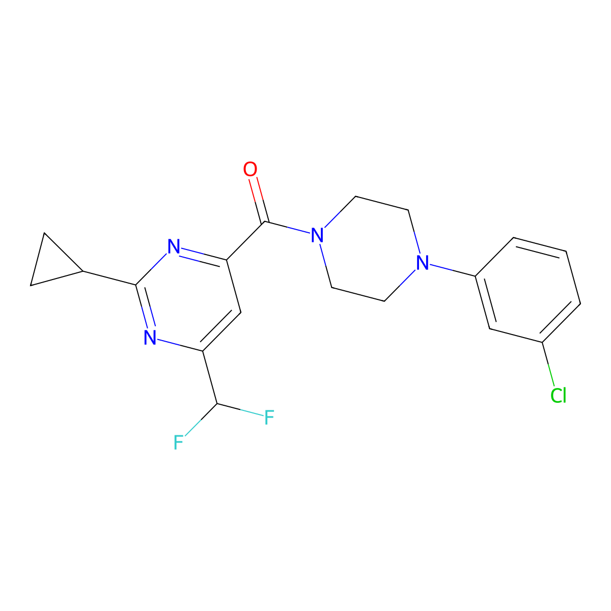4-[4-(3-Chlorophenyl)piperazine-1-carbonyl]-2-cyclopropyl-6-(difluoromethyl)pyrimidine molecular structure, CAS 2770638-39-4