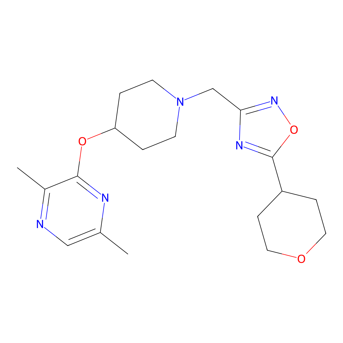 2,5-Dimethyl-3-[(1-{[5-(oxan-4-yl)-1,2,4-oxadiazol-3-yl]methyl}piperidin-4-yl)oxy]pyrazine molecular structure, CAS 2770638-42-9