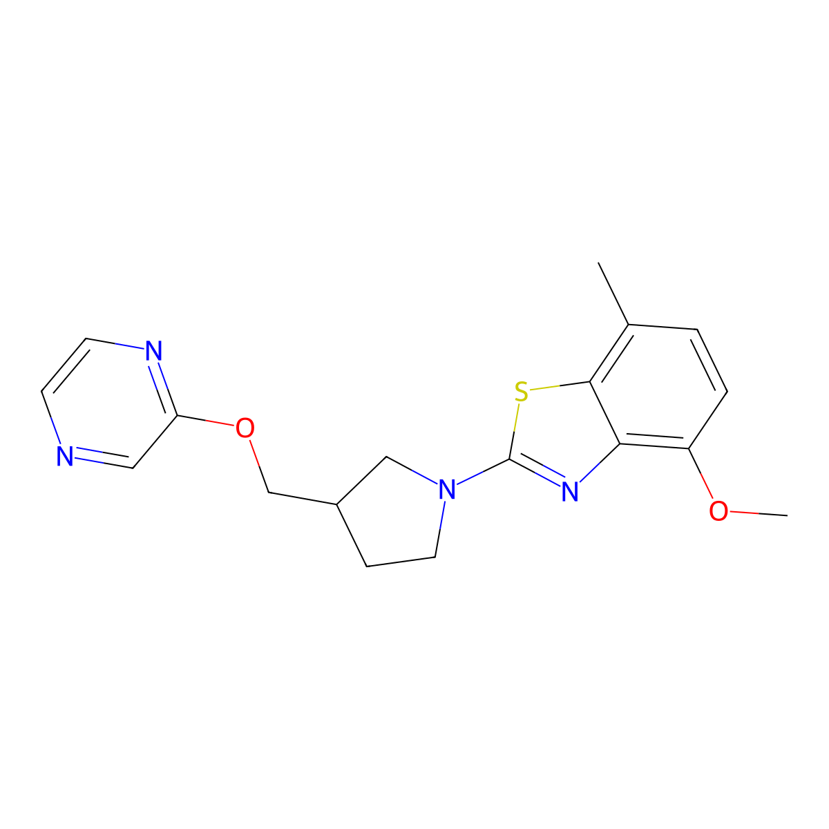 4-Methoxy-7-methyl-2-{3-[(pyrazin-2-yloxy)methyl]pyrrolidin-1-yl}-1,3-benzothiazole molecular structure, CAS 2770638-47-4