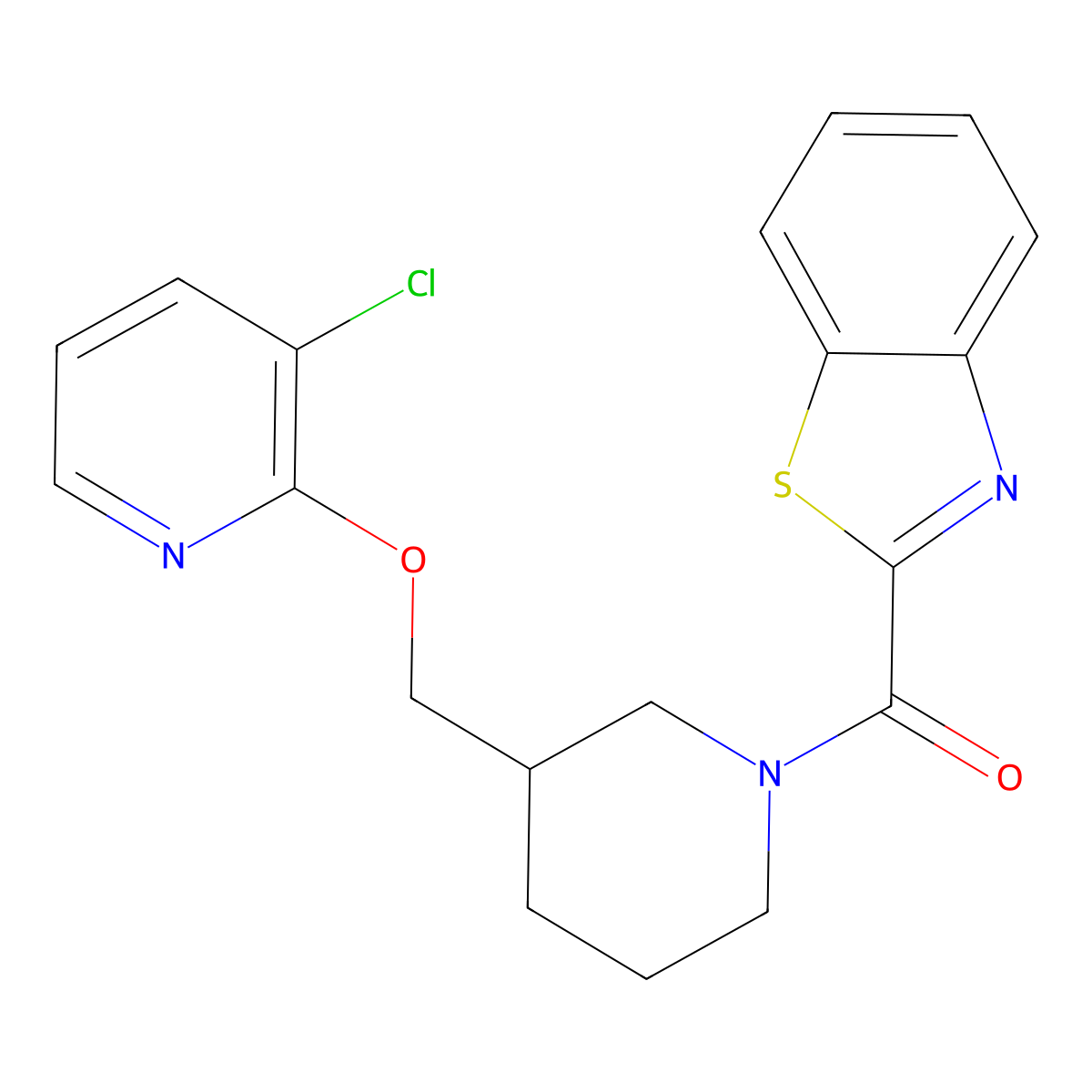2-(3-{[(3-Chloropyridin-2-yl)oxy]methyl}piperidine-1-carbonyl)-1,3-benzothiazole molecular structure, CAS 2770638-53-2