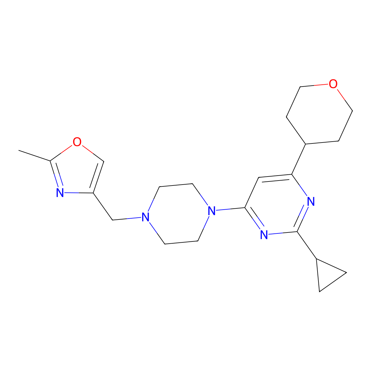 2-Cyclopropyl-4-{4-[(2-methyl-1,3-oxazol-4-yl)methyl]piperazin-1-yl}-6-(oxan-4-yl)pyrimidine molecular structure, CAS 2770638-59-8