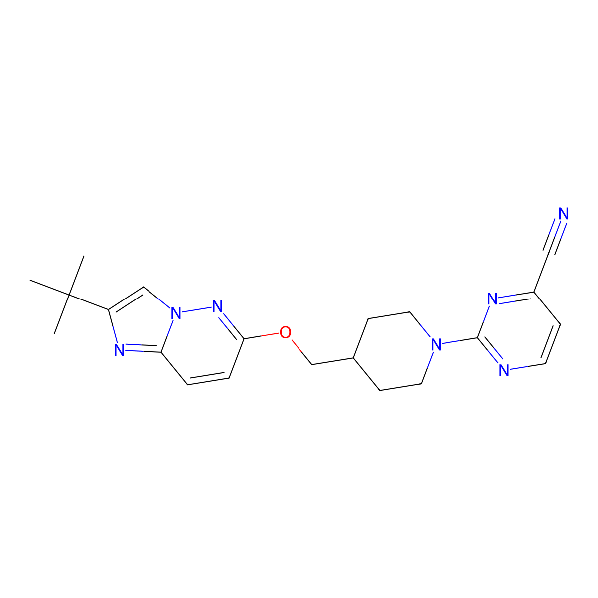2-{4-[({2-Tert-butylimidazo[1,2-b]pyridazin-6-yl}oxy)methyl]piperidin-1-yl}pyrimidine-4-carbonitrile molecular structure, CAS 2770638-61-2