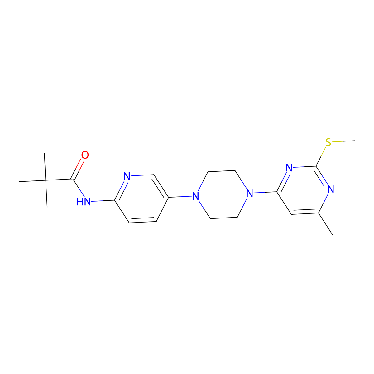 2,2-dimethyl-N-(5-{4-[6-methyl-2-(methylsulfanyl)pyrimidin-4-yl]piperazin-1-yl}pyridin-2-yl)propanamide molecular structure, CAS 2770638-73-6