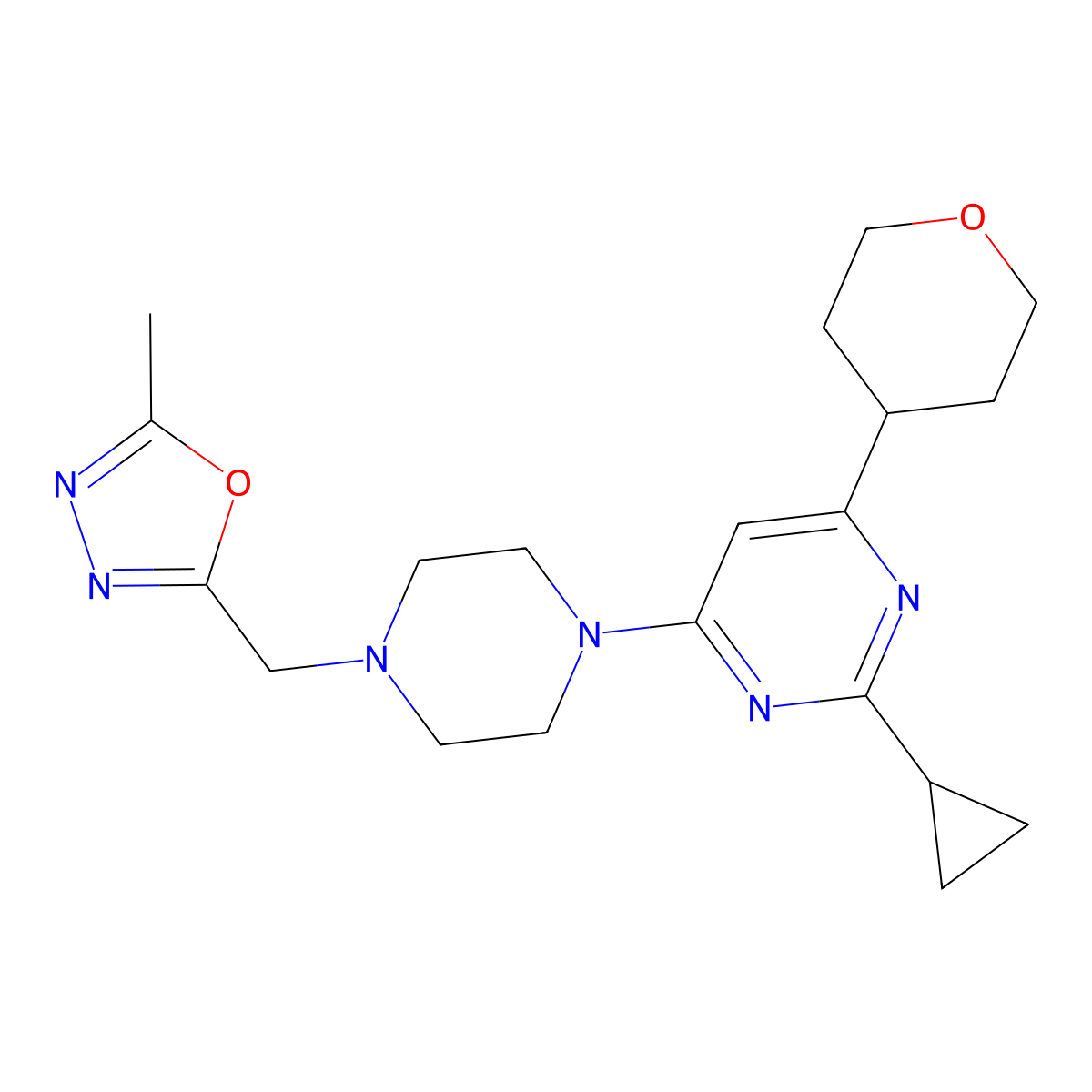 2-Cyclopropyl-4-{4-[(5-methyl-1,3,4-oxadiazol-2-yl)methyl]piperazin-1-yl}-6-(oxan-4-yl)pyrimidine molecular structure, CAS 2770638-74-7