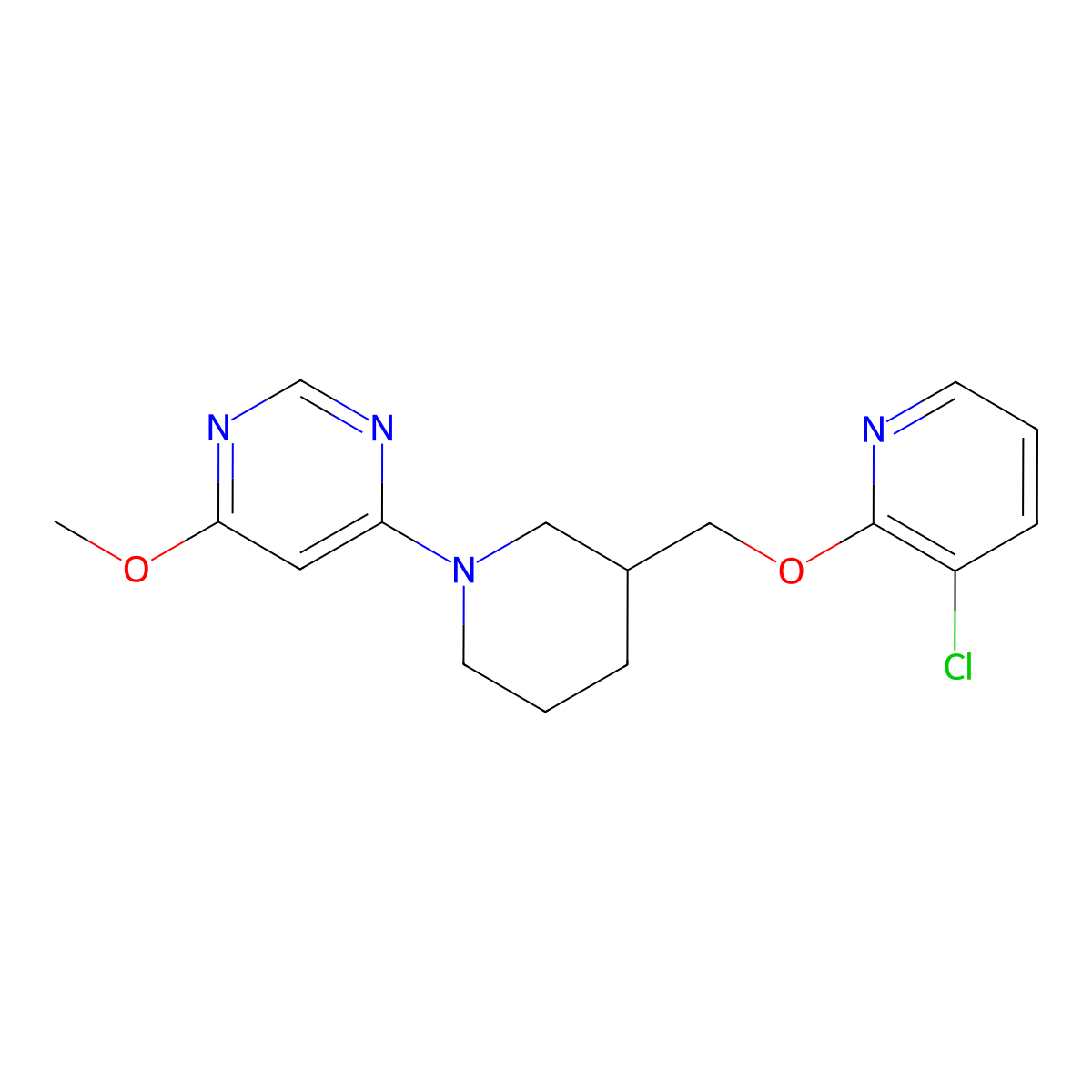 4-(3-{[(3-Chloropyridin-2-yl)oxy]methyl}piperidin-1-yl)-6-methoxypyrimidine molecular structure, CAS 2770638-75-8