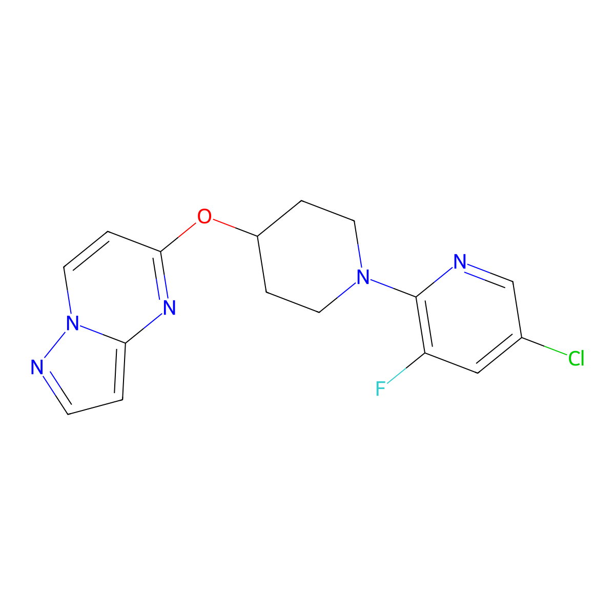 5-Chloro-3-fluoro-2-(4-{pyrazolo[1,5-a]pyrimidin-5-yloxy}piperidin-1-yl)pyridine molecular structure, CAS 2770638-77-0
