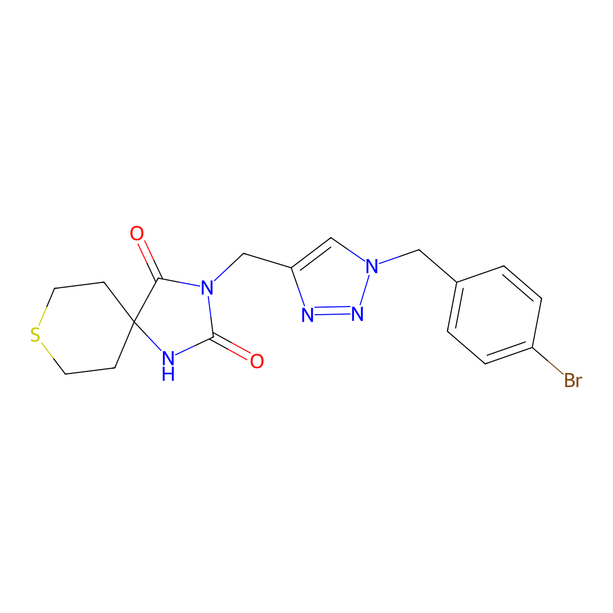 3-({1-[(4-bromophenyl)methyl]-1H-1,2,3-triazol-4-yl}methyl)-8-thia-1,3-diazaspiro[4.5]decane-2,4-dione molecular structure, CAS 2770638-82-7