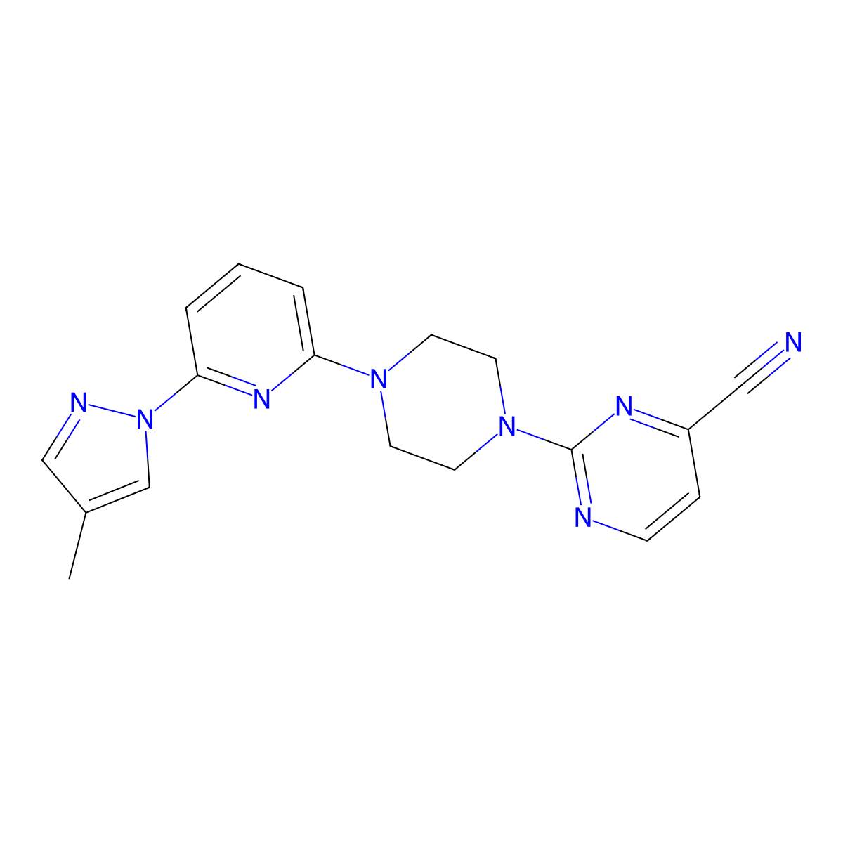 2-{4-[6-(4-methyl-1H-pyrazol-1-yl)pyridin-2-yl]piperazin-1-yl}pyrimidine-4-carbonitrile molecular structure, CAS 2770638-84-9
