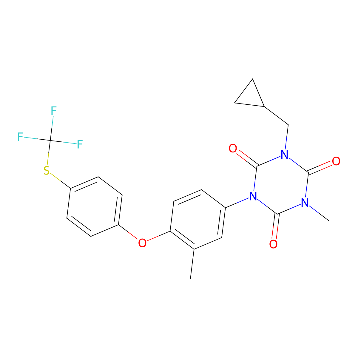 1-(Cyclopropylmethyl)-3-methyl-5-(3-methyl-4-{4-[(trifluoromethyl)sulfanyl]phenoxy}phenyl)-1,3,5-triazinane-2,4,6-trione molecular structure, CAS 2770639-00-2