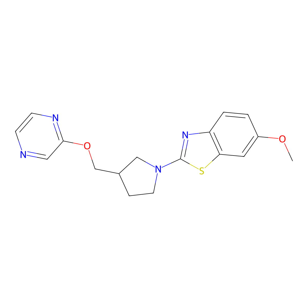 6-Methoxy-2-[3-(pyrazin-2-yloxymethyl)pyrrolidin-1-yl]-1,3-benzothiazole molecular structure, CAS 2770639-05-7
