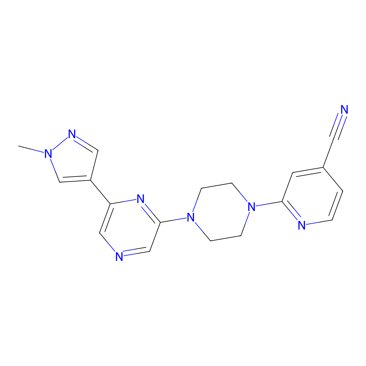 2-{4-[6-(1-methyl-1H-pyrazol-4-yl)pyrazin-2-yl]piperazin-1-yl}pyridine-4-carbonitrile molecular structure, CAS 2770639-06-8