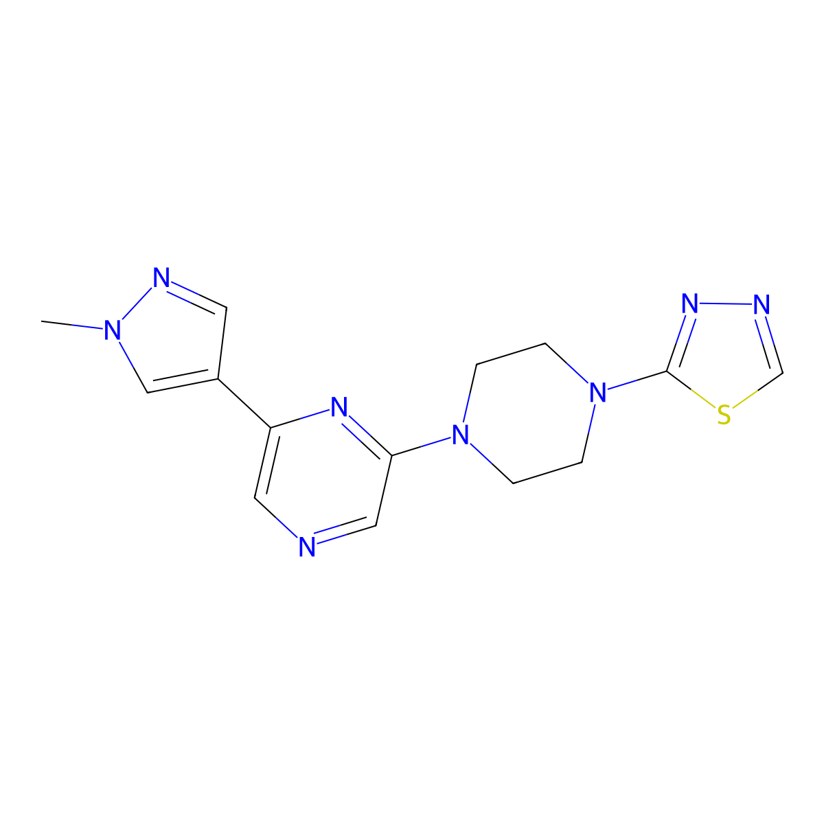 2-(1-methyl-1H-pyrazol-4-yl)-6-[4-(1,3,4-thiadiazol-2-yl)piperazin-1-yl]pyrazine molecular structure, CAS 2770639-15-9