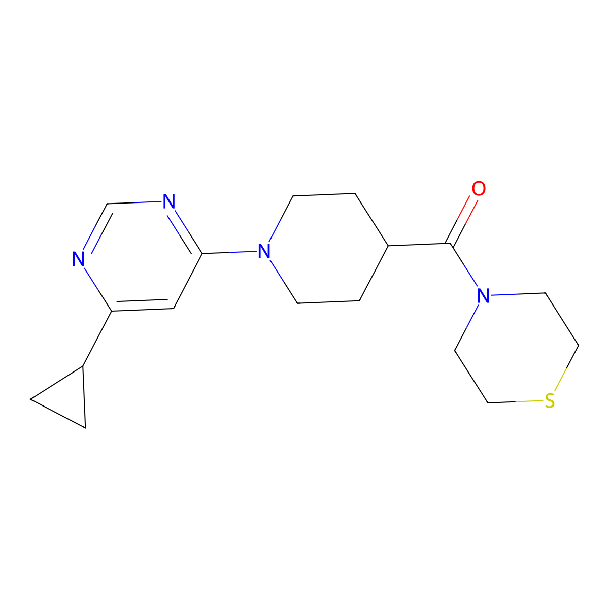 4-[1-(6-Cyclopropylpyrimidin-4-yl)piperidine-4-carbonyl]thiomorpholine molecular structure, CAS 2770639-16-0