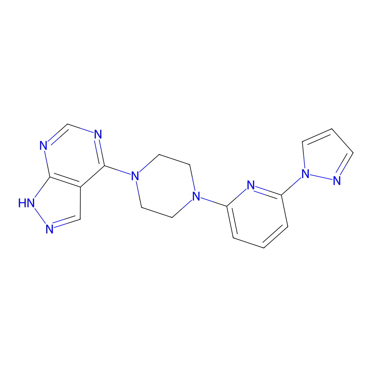 1-[6-(1H-pyrazol-1-yl)pyridin-2-yl]-4-{1H-pyrazolo[3,4-d]pyrimidin-4-yl}piperazine molecular structure, CAS 2770639-18-2